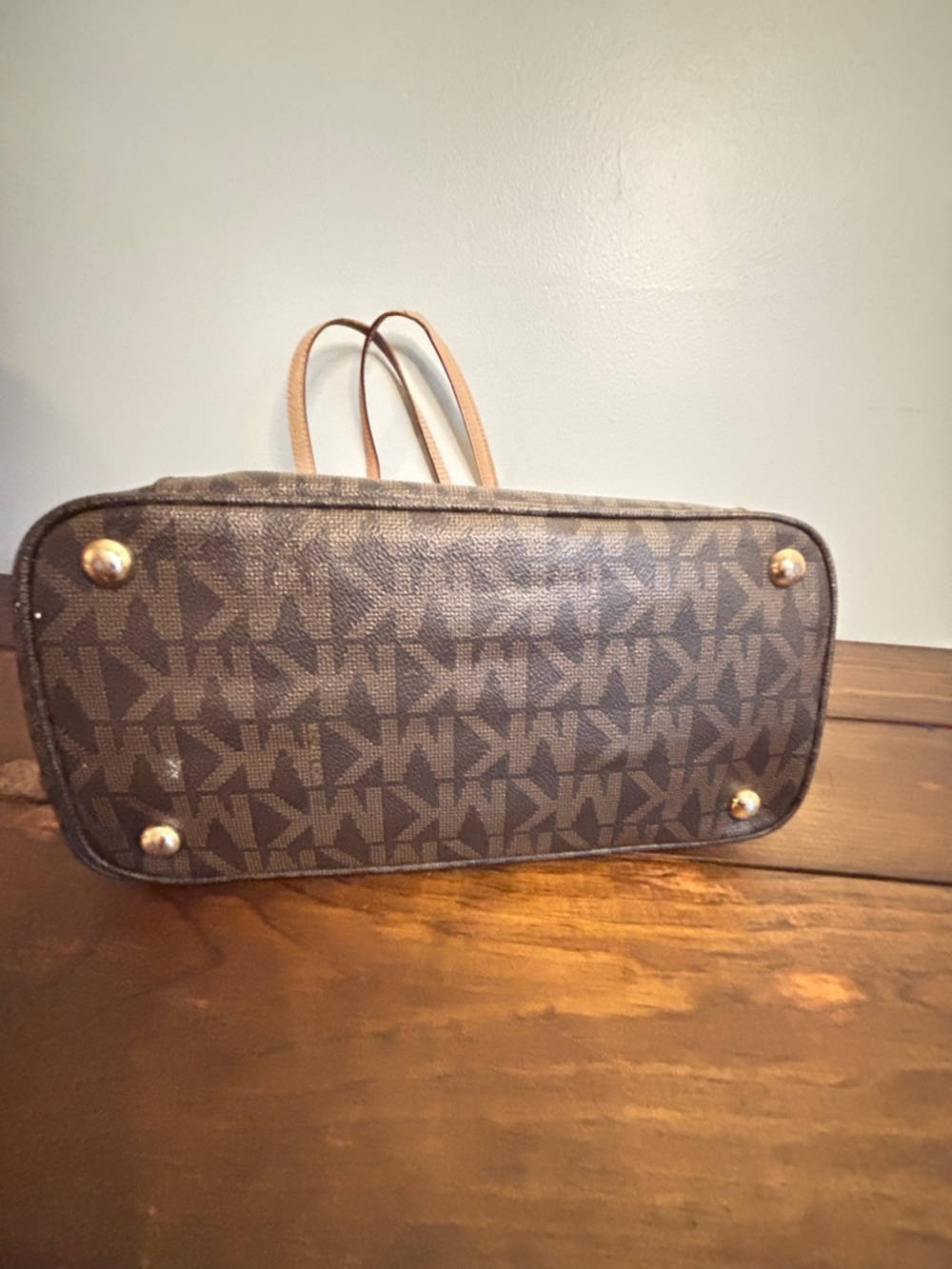 Michael Kors Vintage Brown MK Logo Signature Tote with Tan Straps Quiet Luxury - Picture 9 of 10